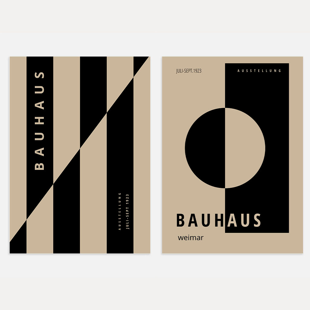 Bauhaus Beige and Black Abstract Poster Set of 2