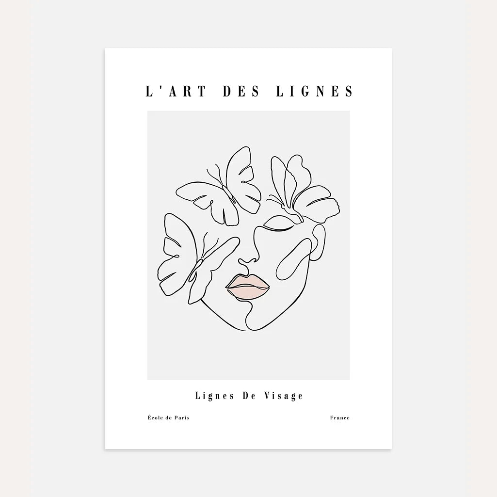 Line Art Face with Butterflies Poster