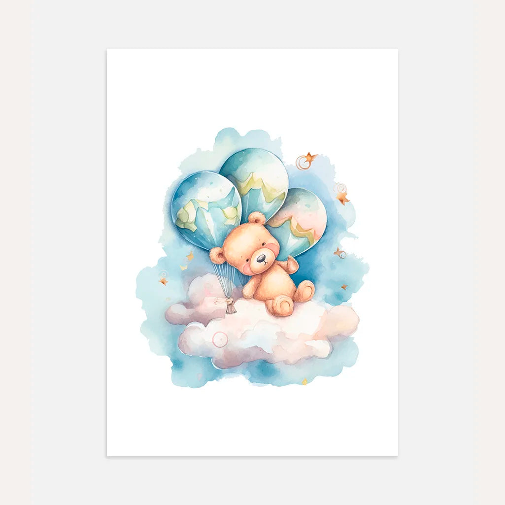 Bear On A Cloud With Pastel Balloons Poster