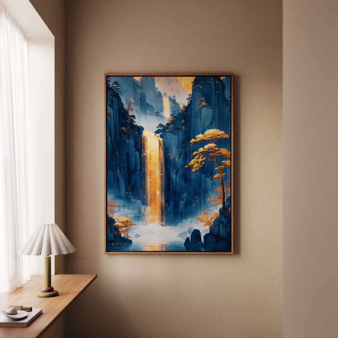 Framed Canvas Print Golden Waterfall
