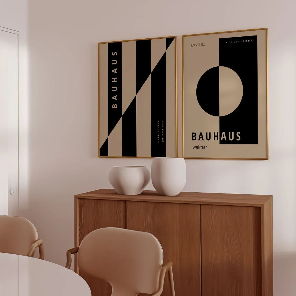 Bauhaus Beige and Black Abstract Poster Set of 2