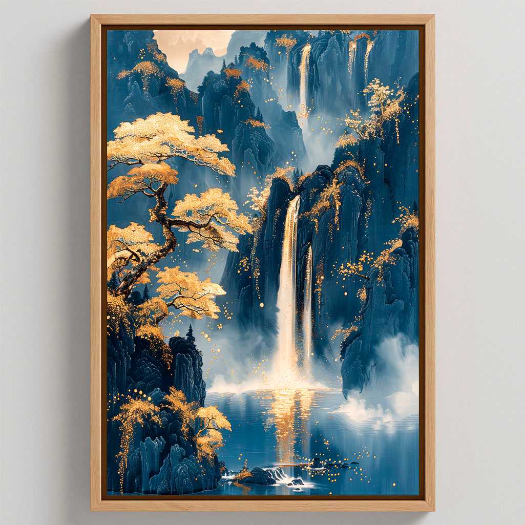 Framed Canvas Print Golden Eastern Waterfalls