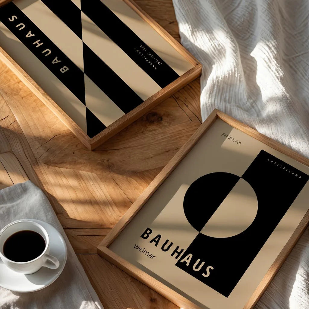 Bauhaus Beige and Black Abstract Poster Set of 2