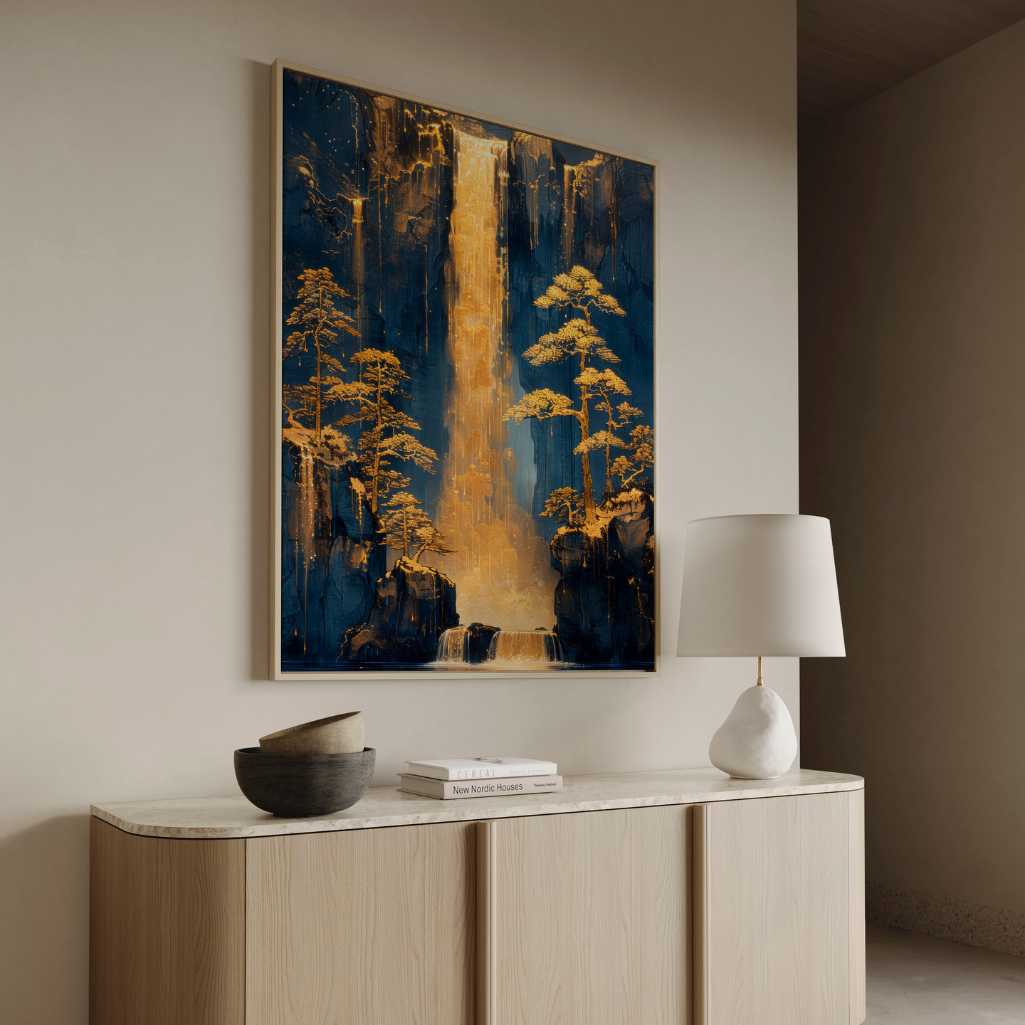 Framed Canvas Print Golden Eastern Waterfall