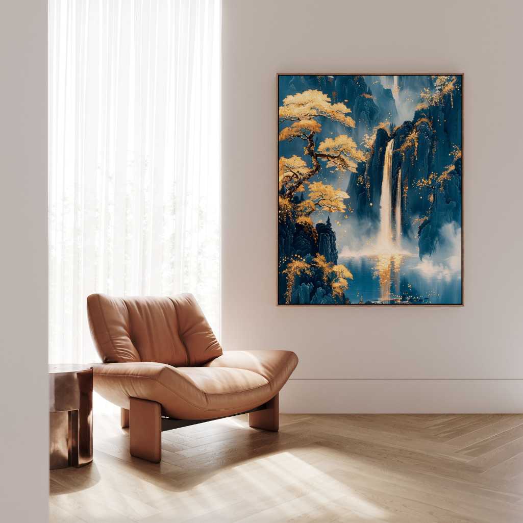 Framed Canvas Print Golden Eastern Waterfalls