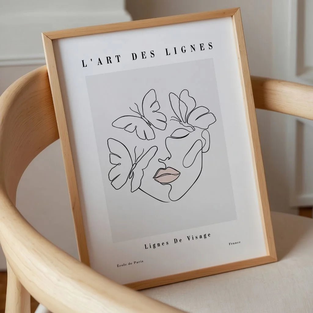 Line Art Face with Butterflies Poster