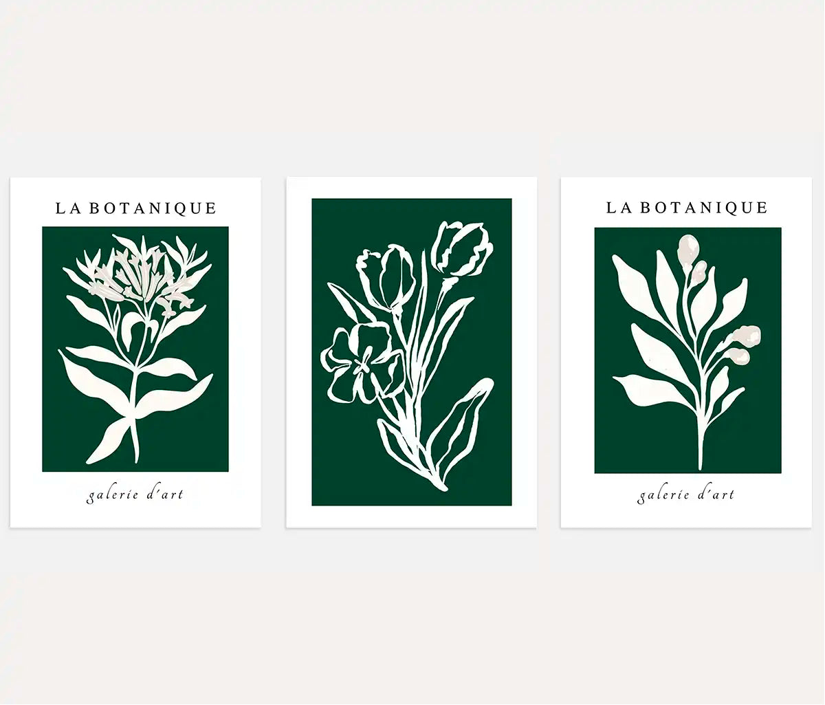 Green Botanical Abstract Prints – White Floral Set of 3