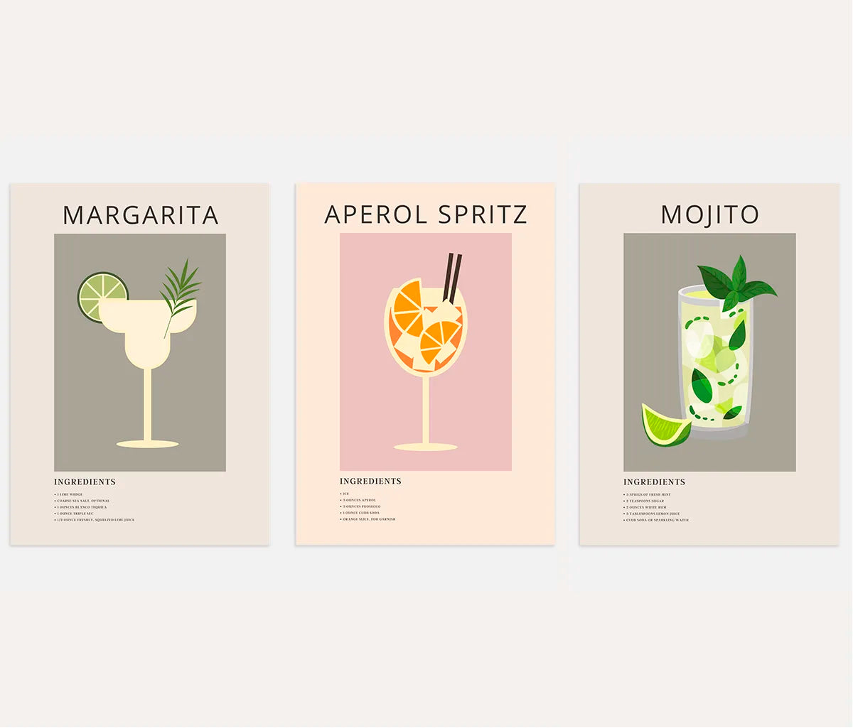 Cocktail Illustration Art Prints – Margarita, Aperol Spritz & Mojito Set of 3