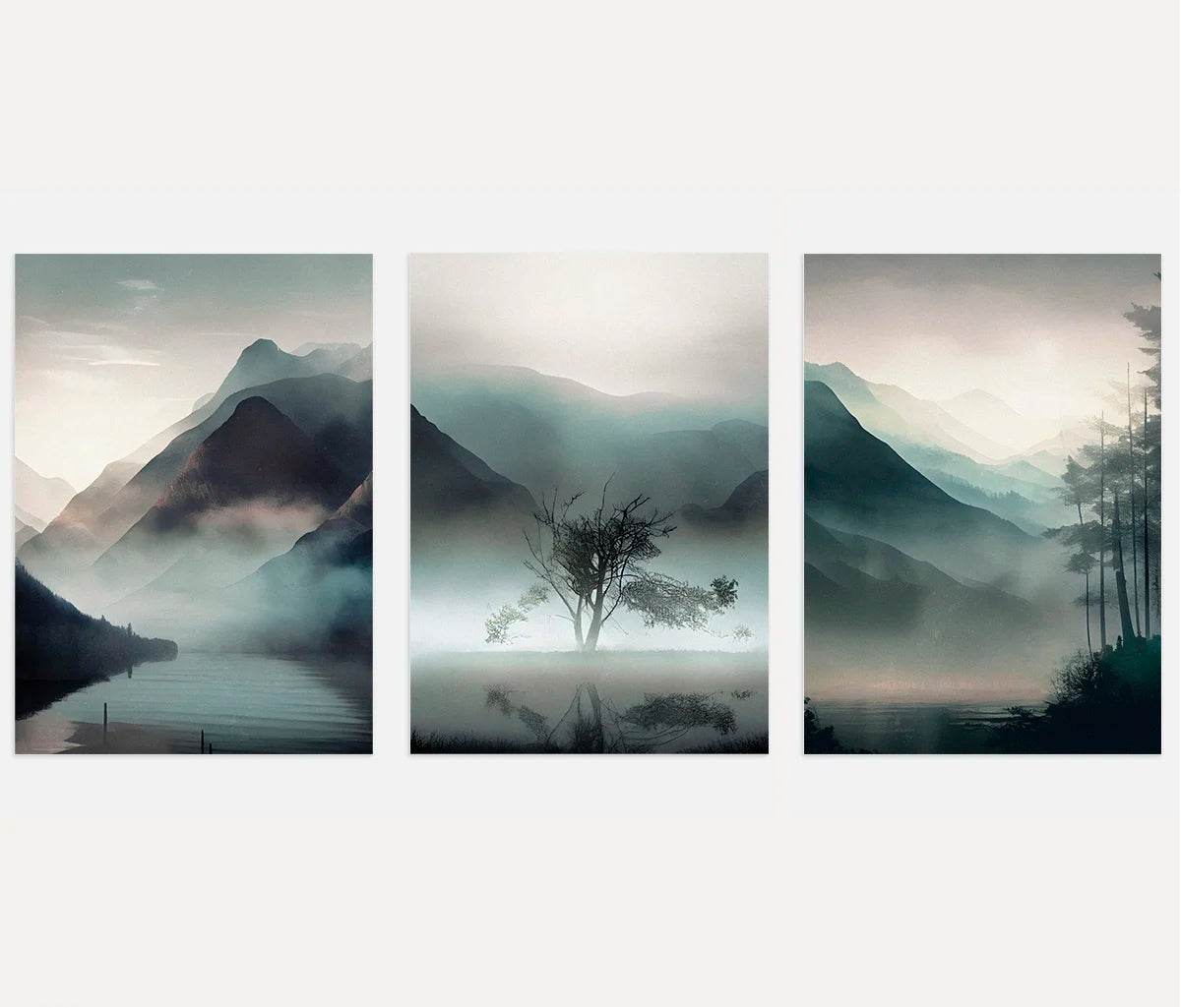 Misty Mountain Landscape Prints – Atmospheric Nature Set of 3