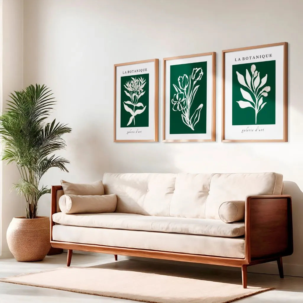 Green Botanical Abstract Prints – White Floral Set of 3