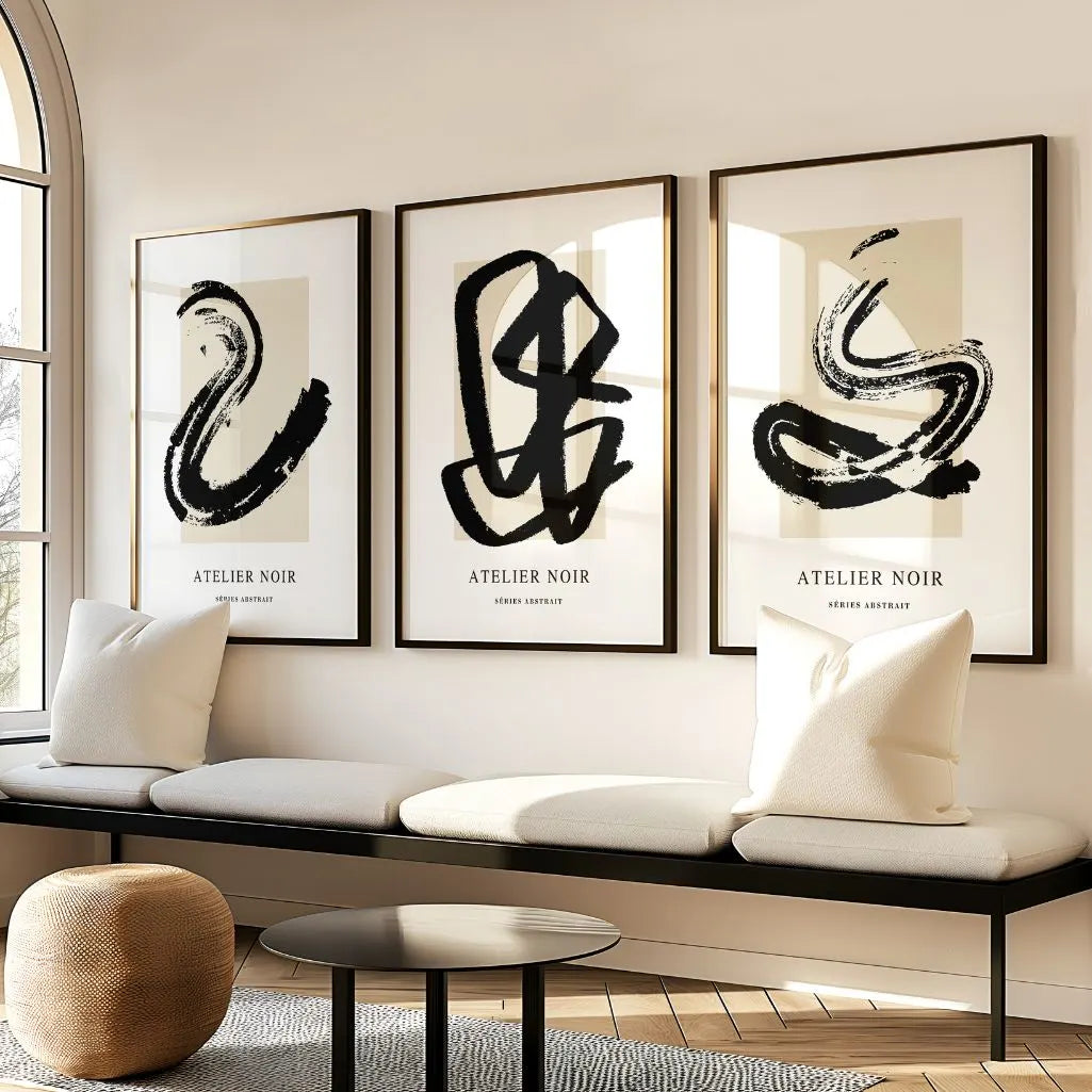 Atelier Noir – Set of 3 Abstract Art Prints - Minimalist Black & Beige Wall Art