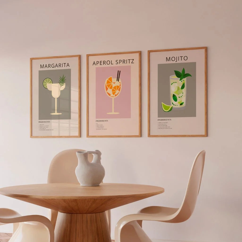 Cocktail Illustration Art Prints – Margarita, Aperol Spritz & Mojito Set of 3