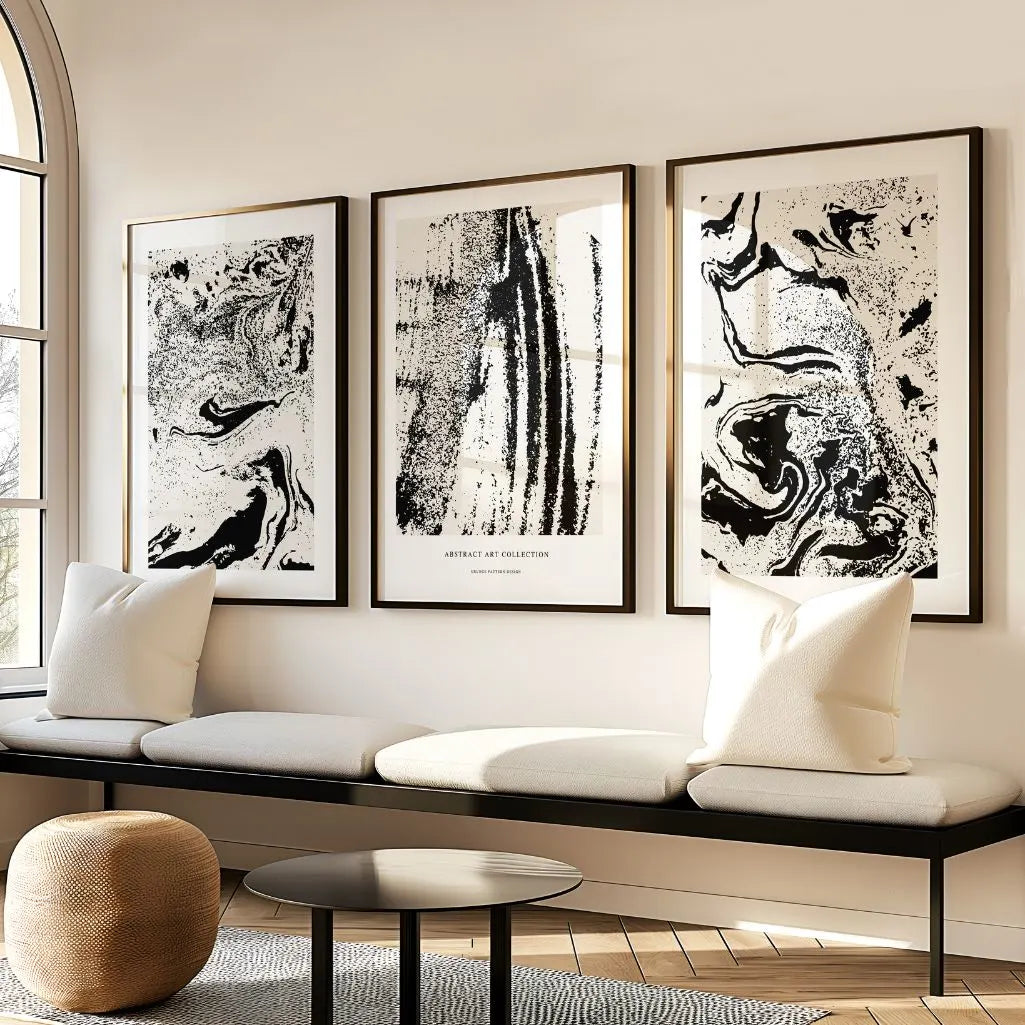 Abstract Noir – Set of 3 Black & Light Beige Abstract Art Prints - Minimalist Wall Art