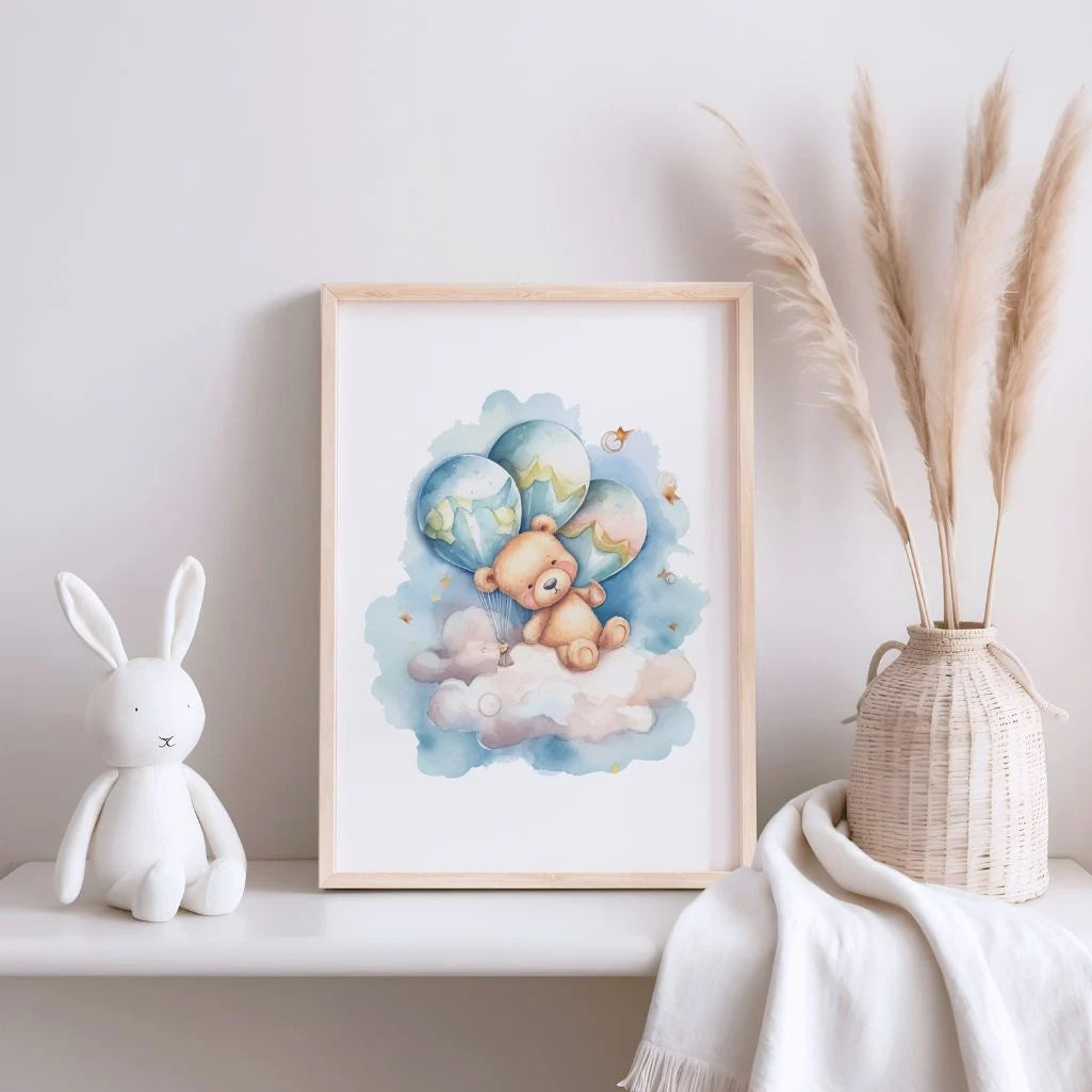 Bear On A Cloud With Pastel Balloons Poster