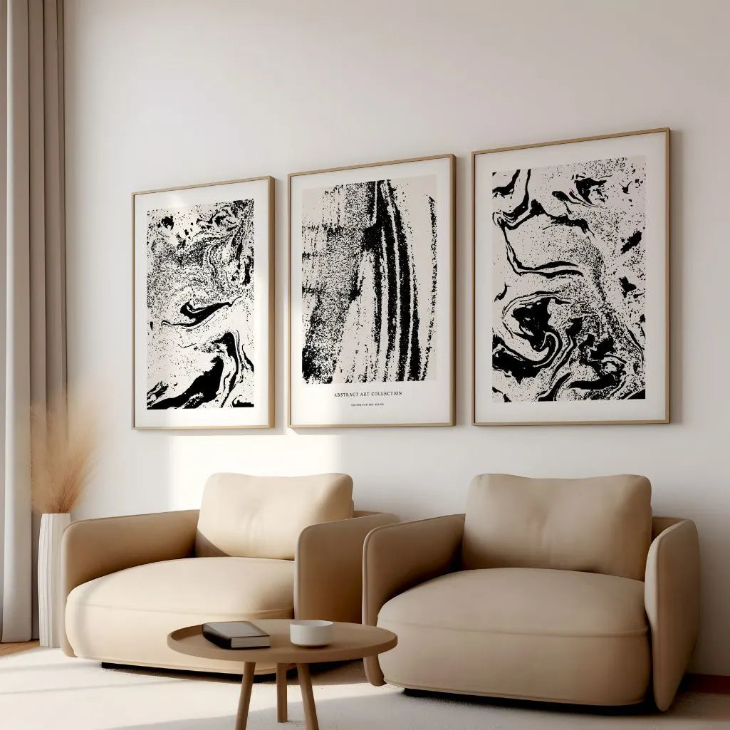 Abstract Noir – Set of 3 Black & Light Beige Abstract Art Prints - Minimalist Wall Art