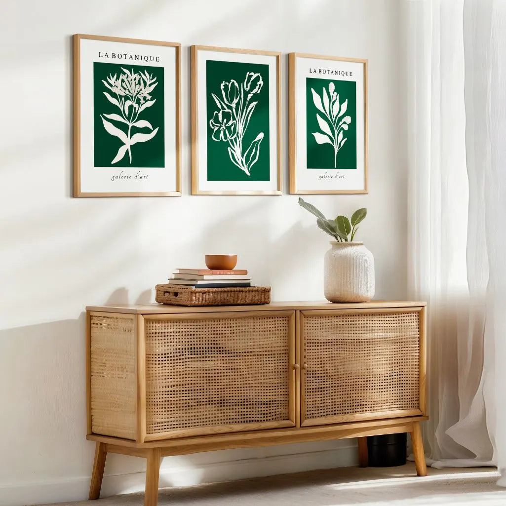 Green Botanical Abstract Prints – White Floral Set of 3
