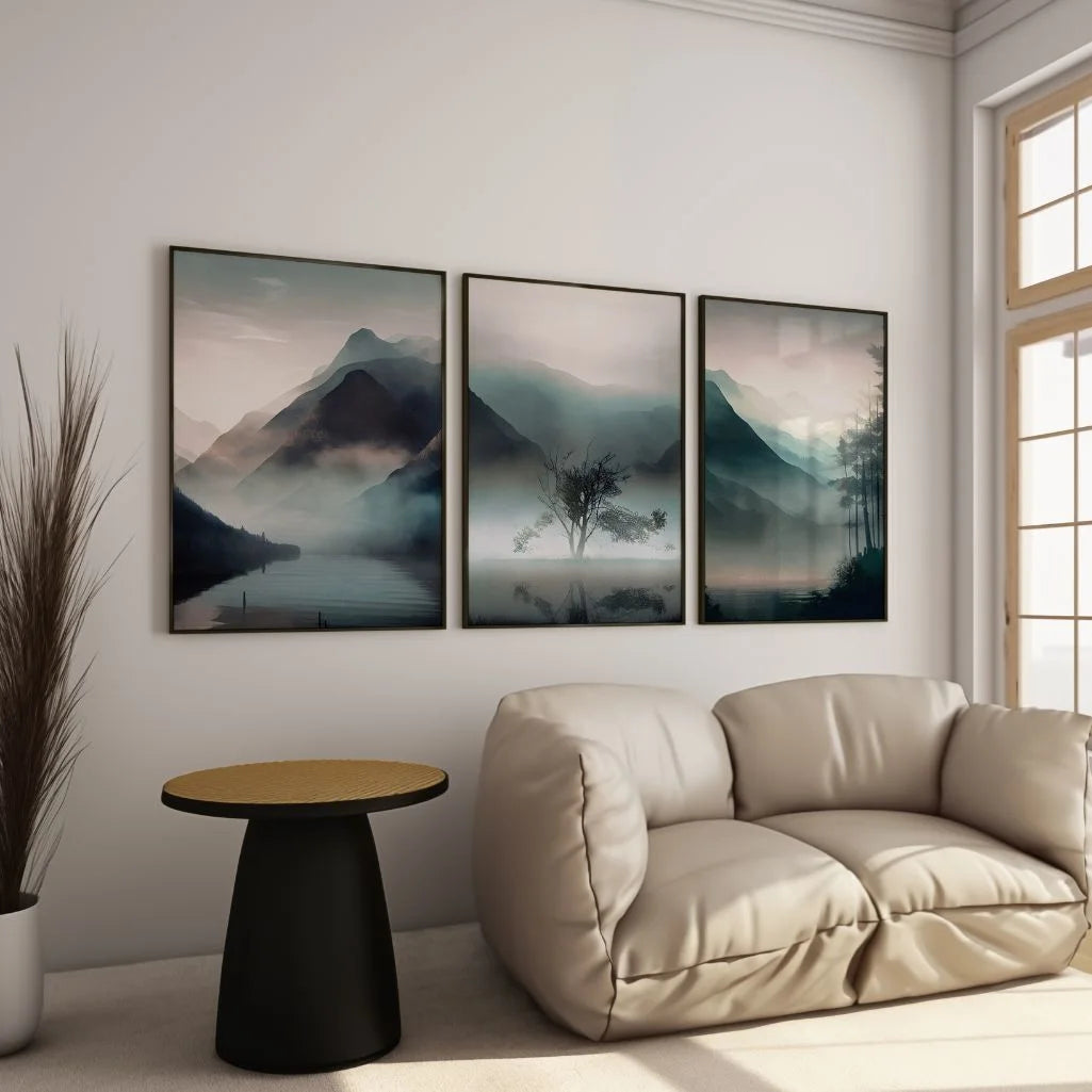 Misty Mountain Landscape Prints – Atmospheric Nature Set of 3
