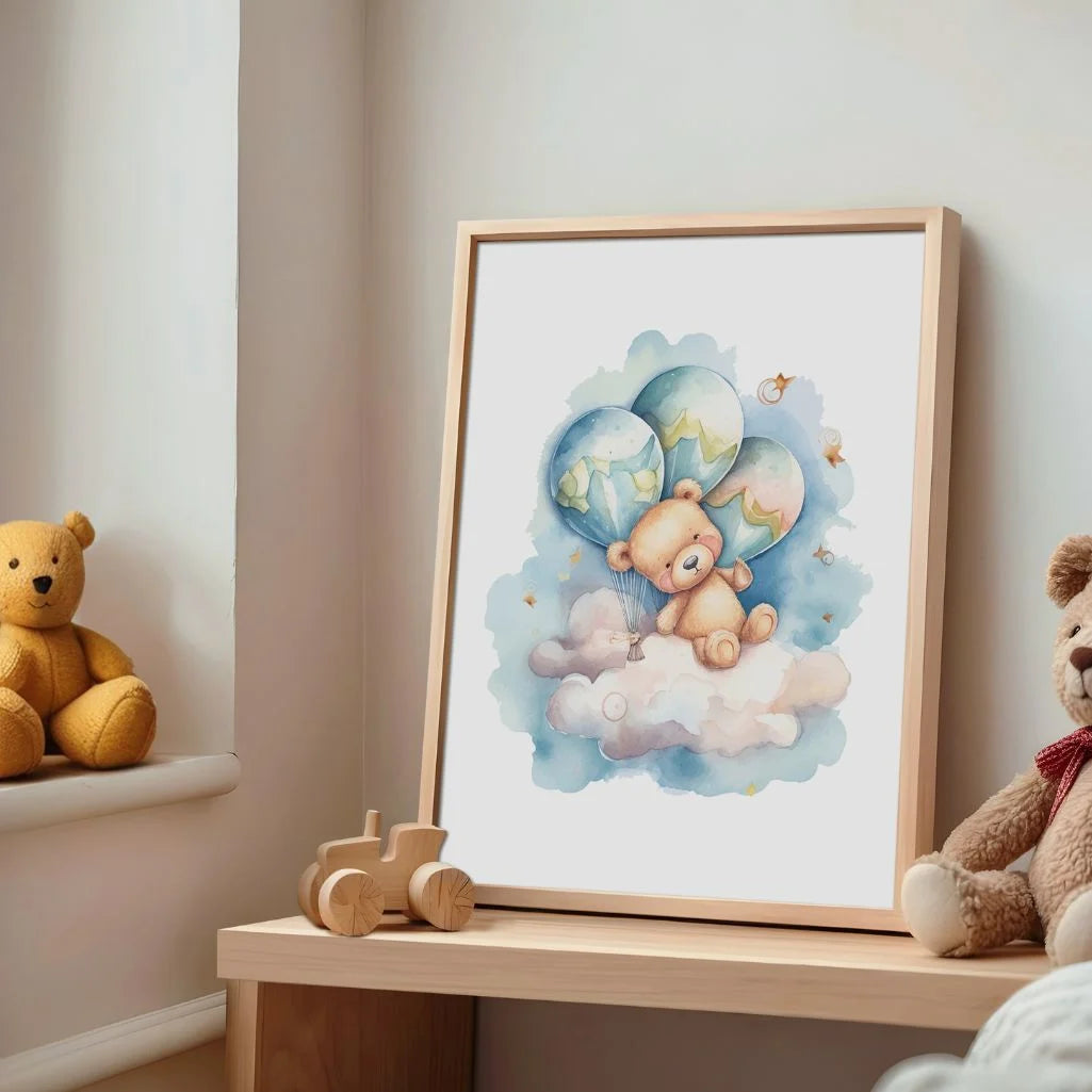 Bear On A Cloud With Pastel Balloons Poster