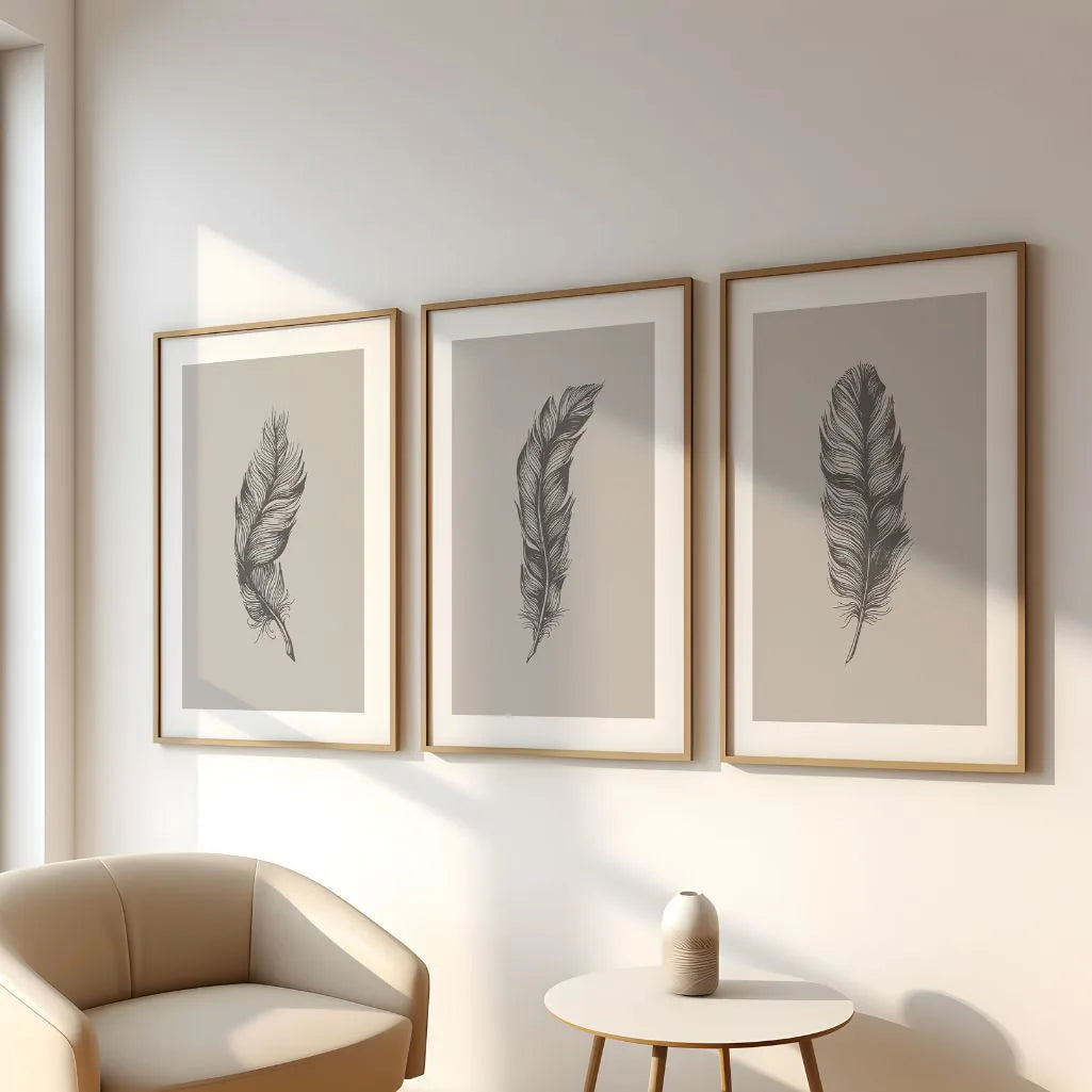 Minimalist Feather Art Prints - Set of 3 Neutral Wall Art