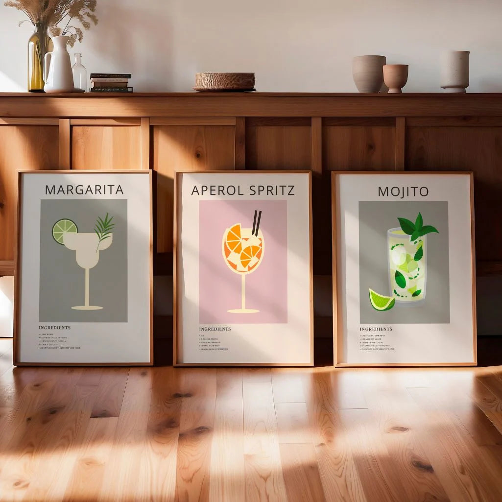 Cocktail Illustration Art Prints – Margarita, Aperol Spritz & Mojito Set of 3