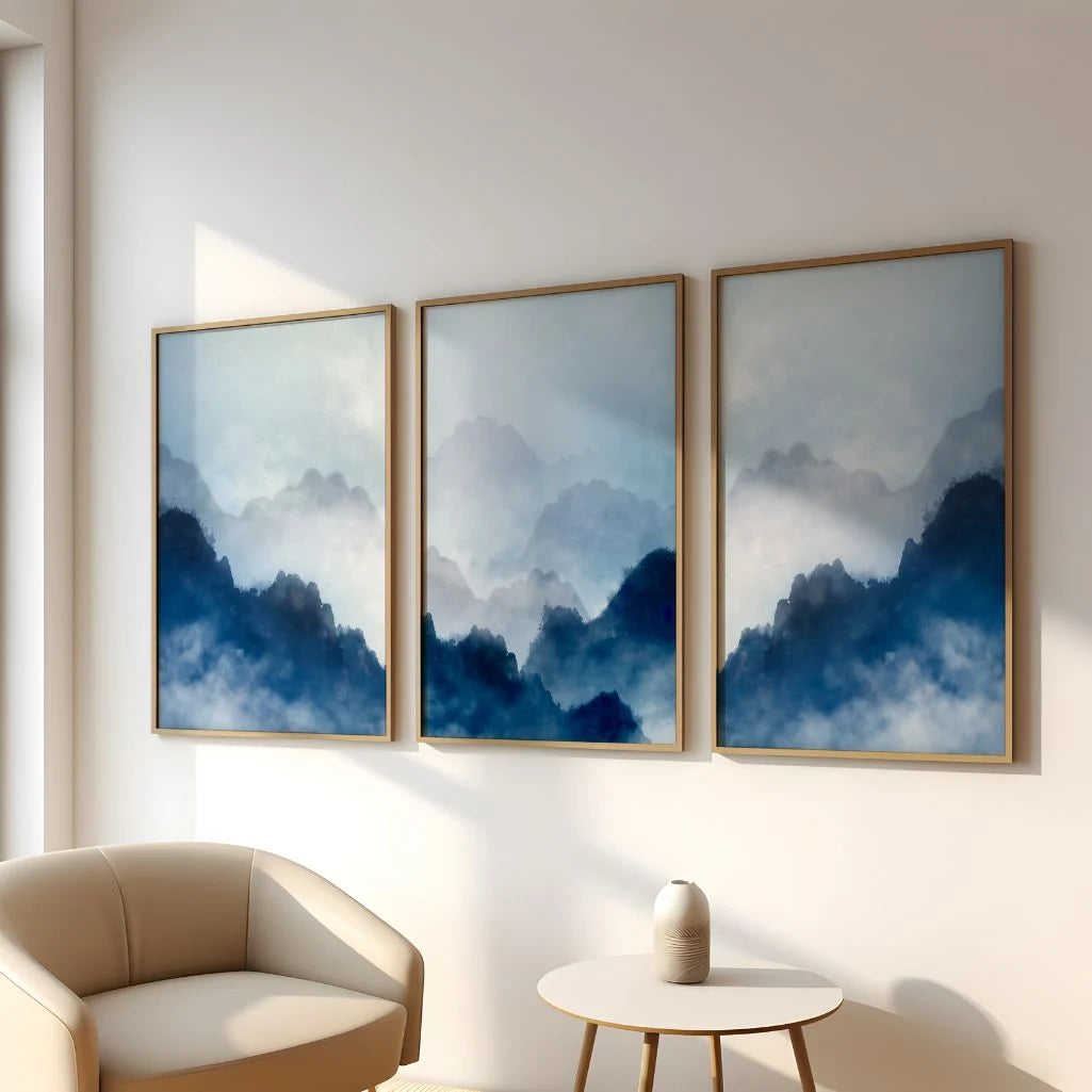Misty Blue Mountains Wall Art – Atmospheric Landscape Print Set of 3