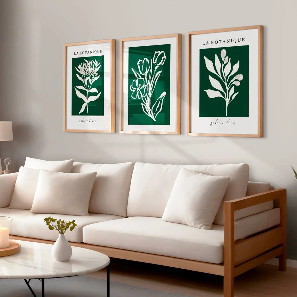 Green Botanical Abstract Prints – White Floral Set of 3