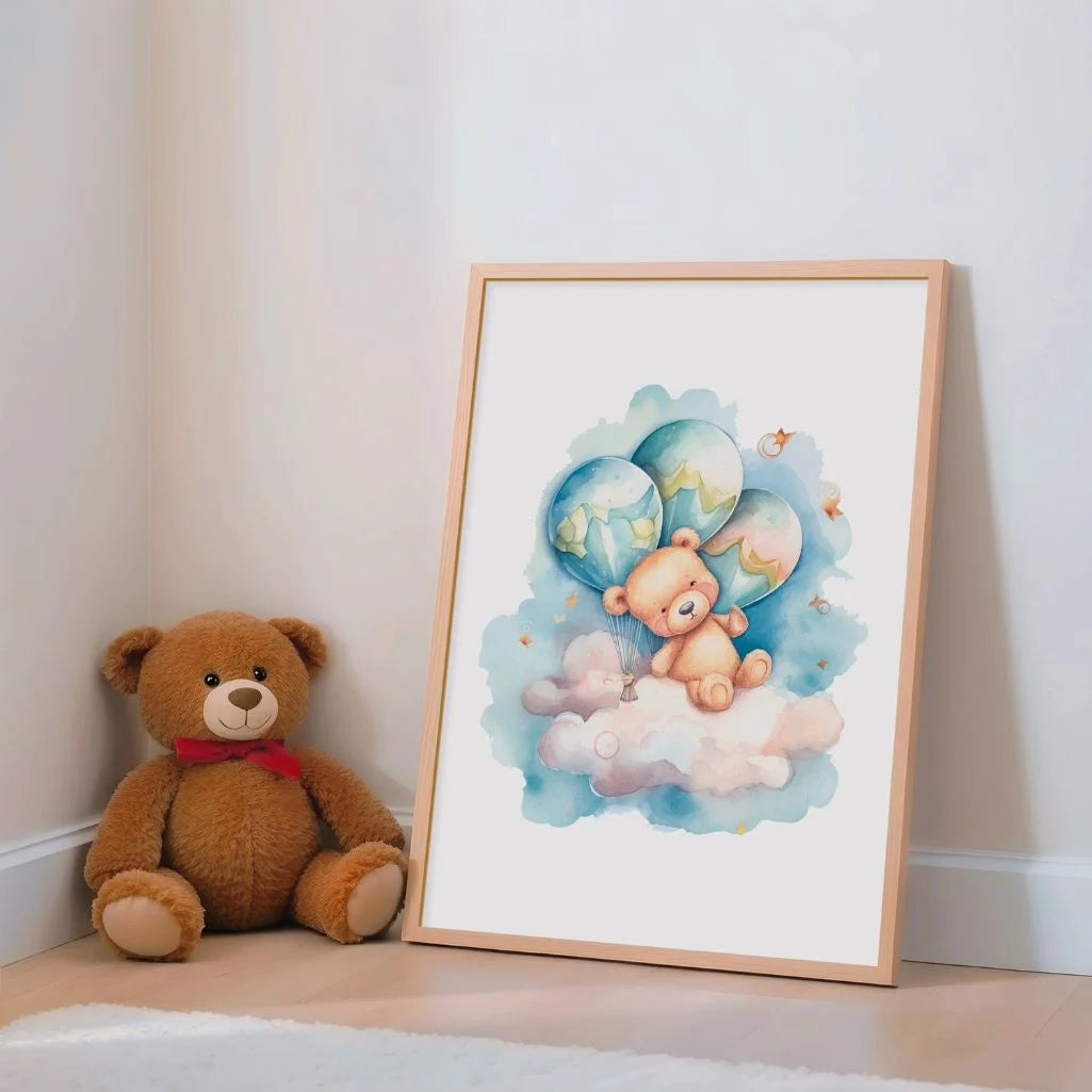 Bear On A Cloud With Pastel Balloons Poster
