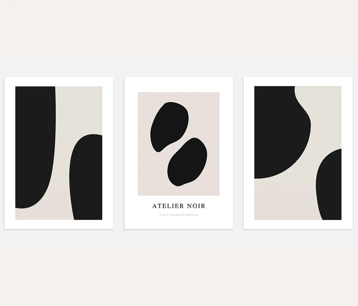 Abstract black and beige poster set with organic shapes minimalist wall art