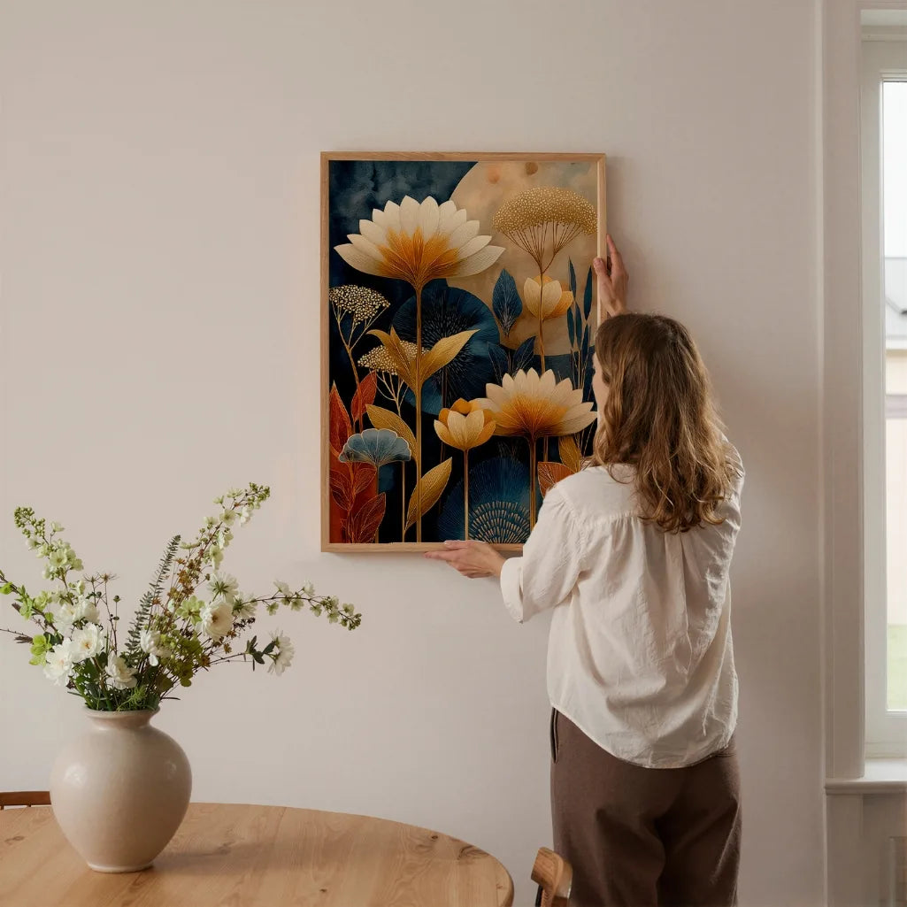 Abstract navy and gold botanical flower poster for bedroom wall decor in a contemporary interior