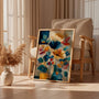 abstract boho flower poster with blue and coral tones for stylish bedroom wall decoration