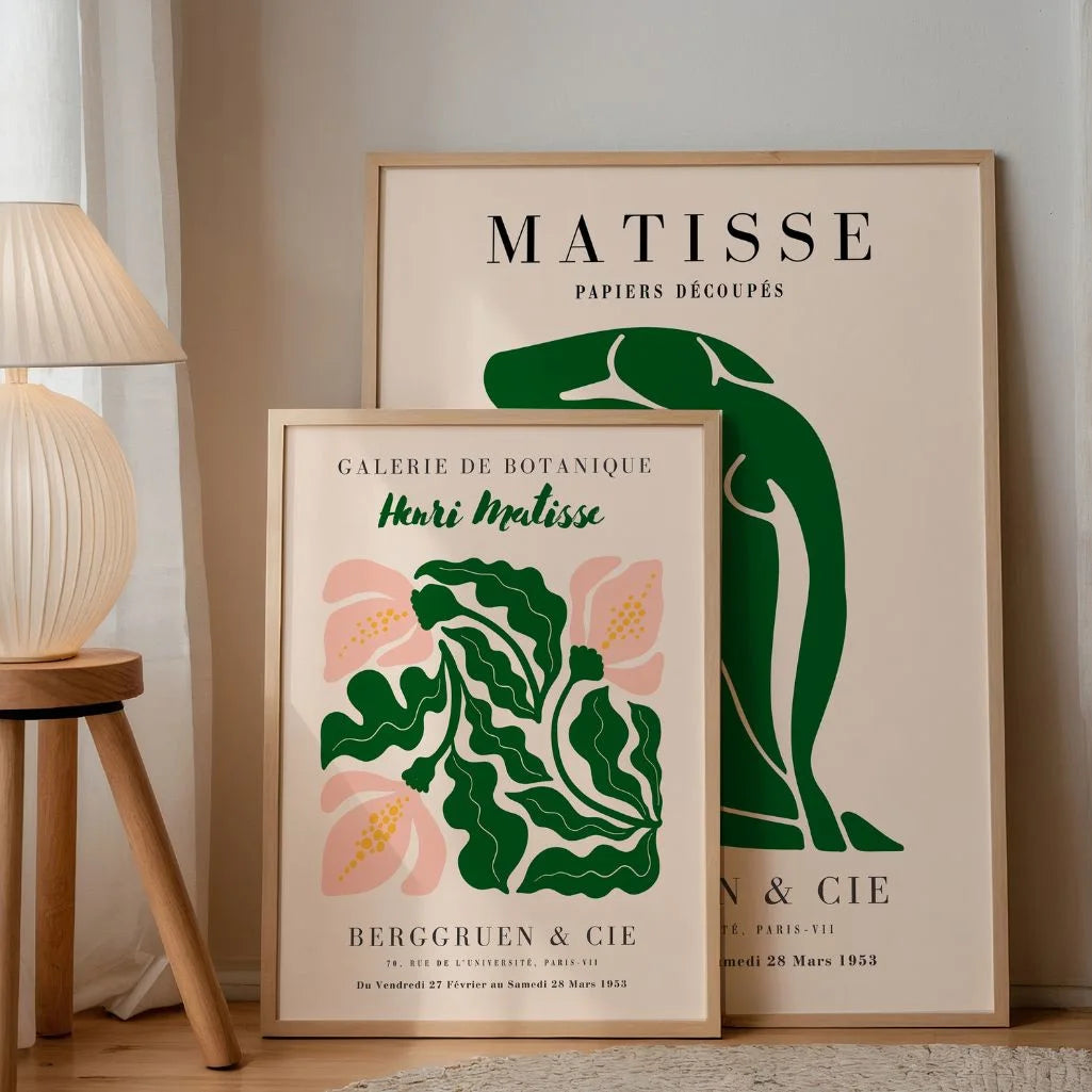 Set of 2 abstract green posters styled in calm modern bedroom with natural decor
