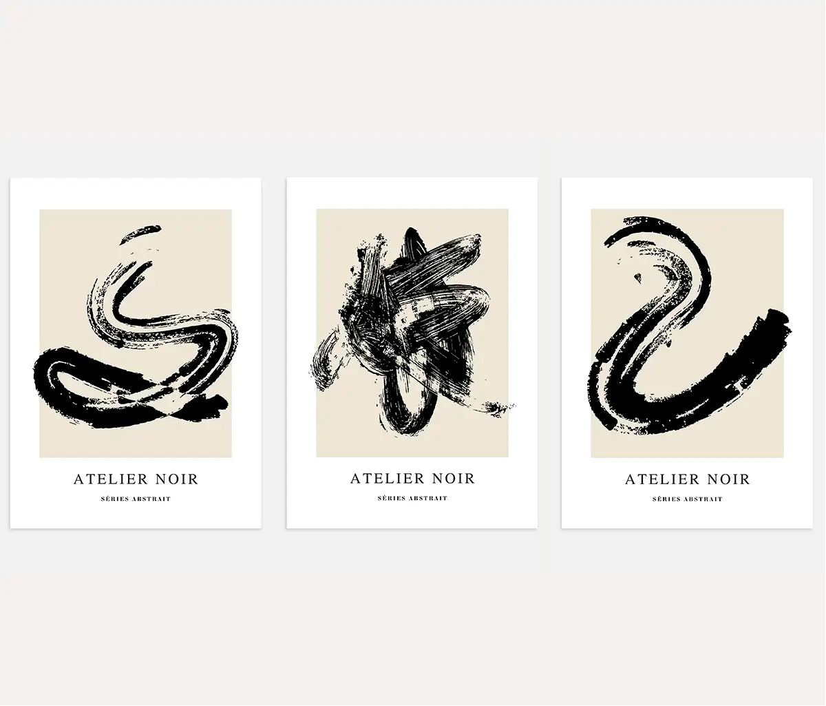 Abstract ink brush poster set with bold black strokes on beige background