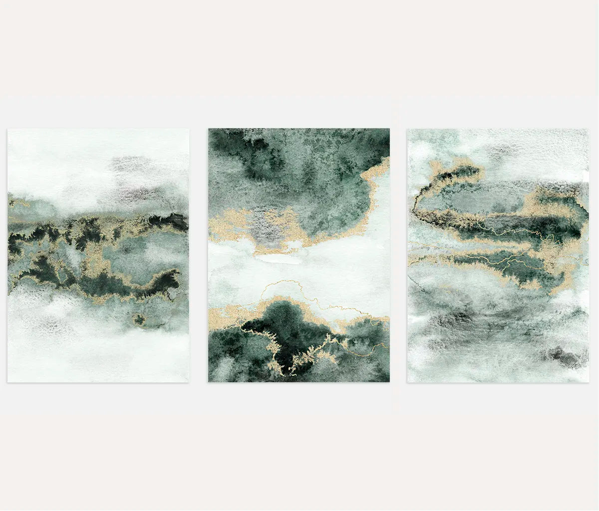 abstract watercolor landscape poster set of 3 green grey wall art