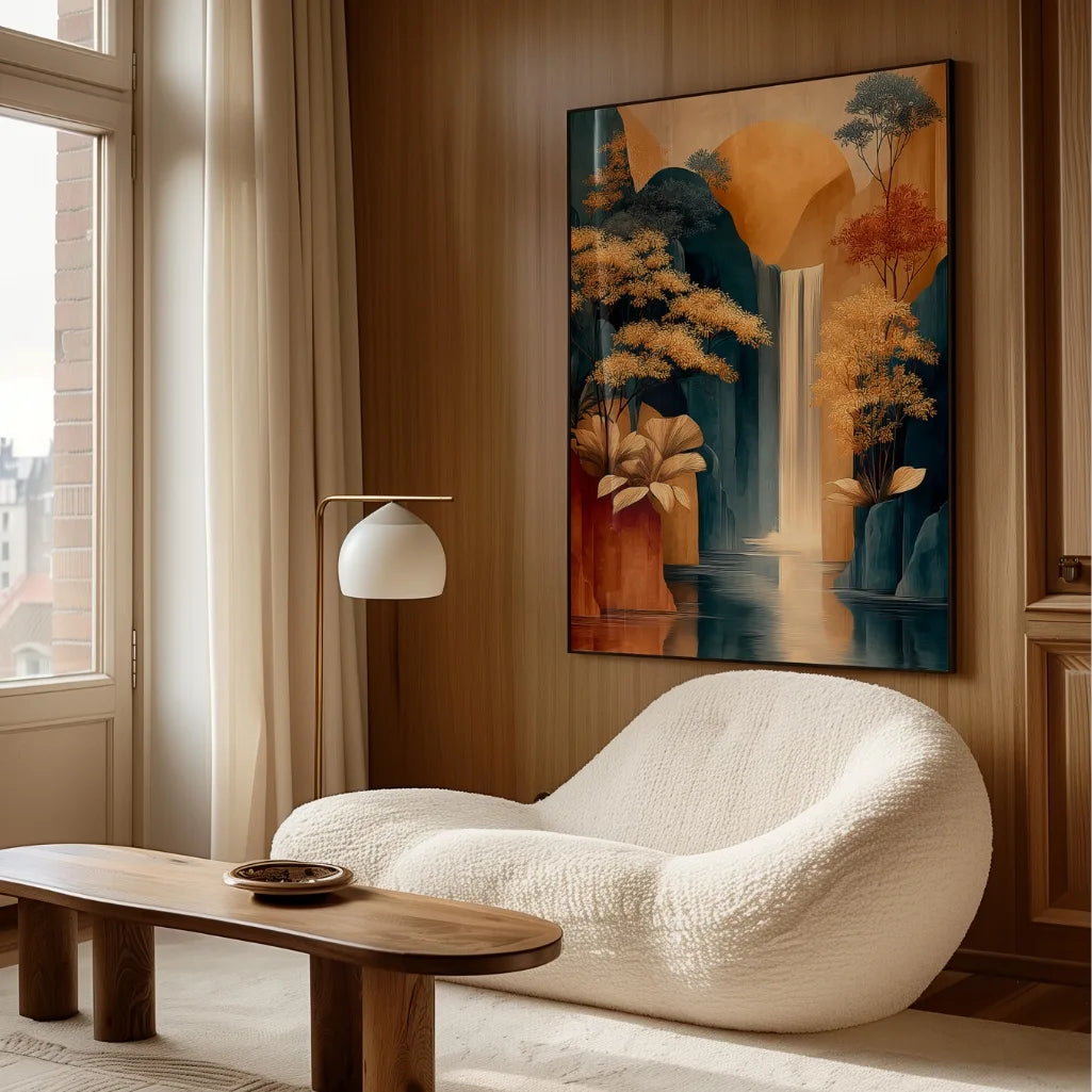 modern boho landscape poster with waterfall and mountain scenery in natural earth tones