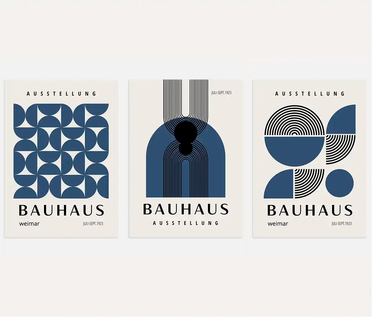 bauhaus poster set of 3 with navy and cream geometric semicircles and concentric lines
