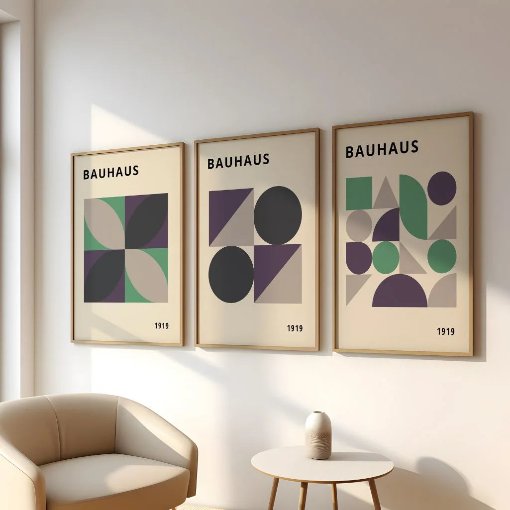 modern bauhaus poster set of 3 arranged in elegant gallery wall