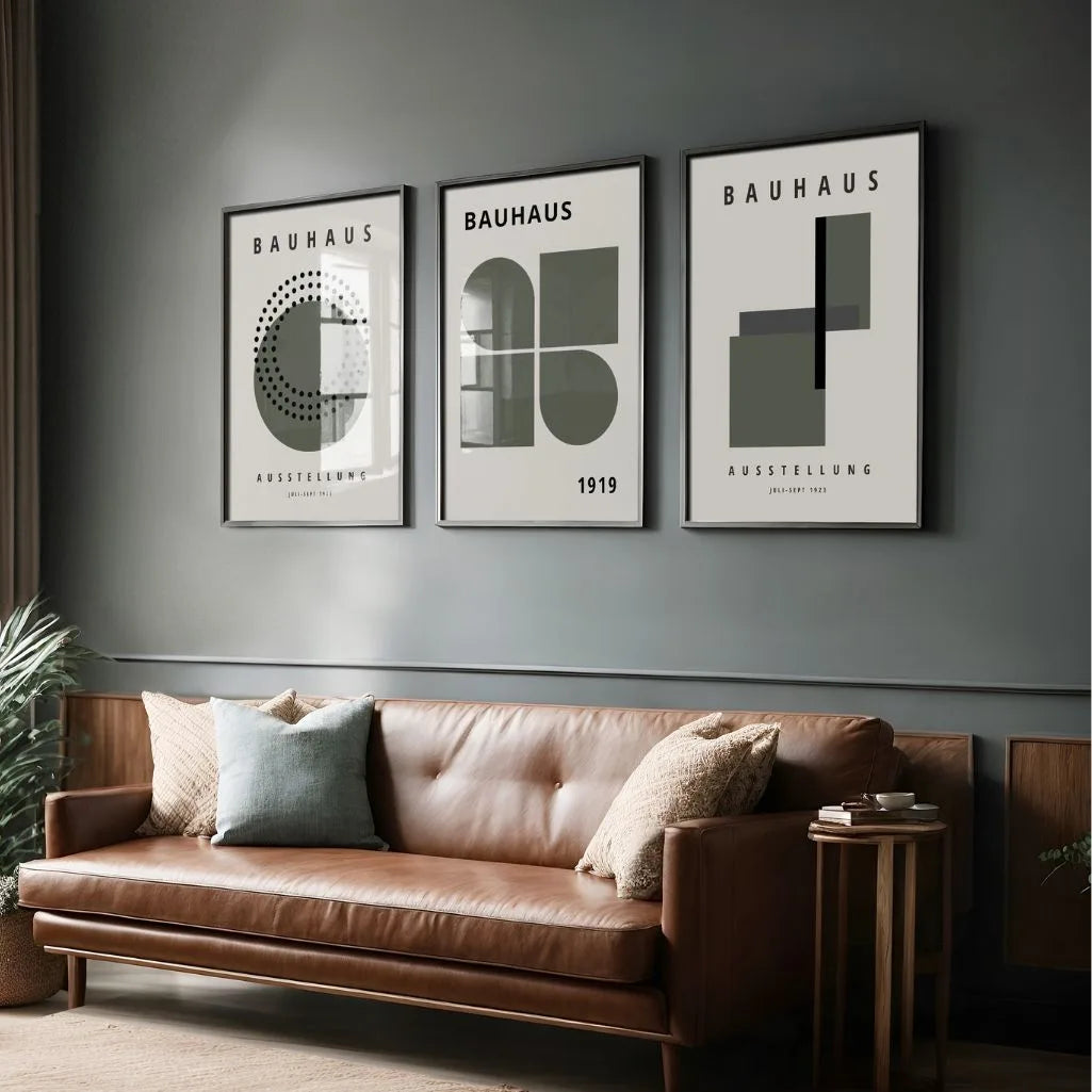 bauhaus poster set of 3 green beige pattern gallery wall modern interior