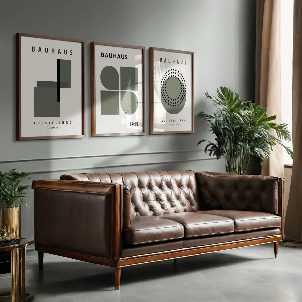 bauhaus geometric poster set green beige modern living room decor