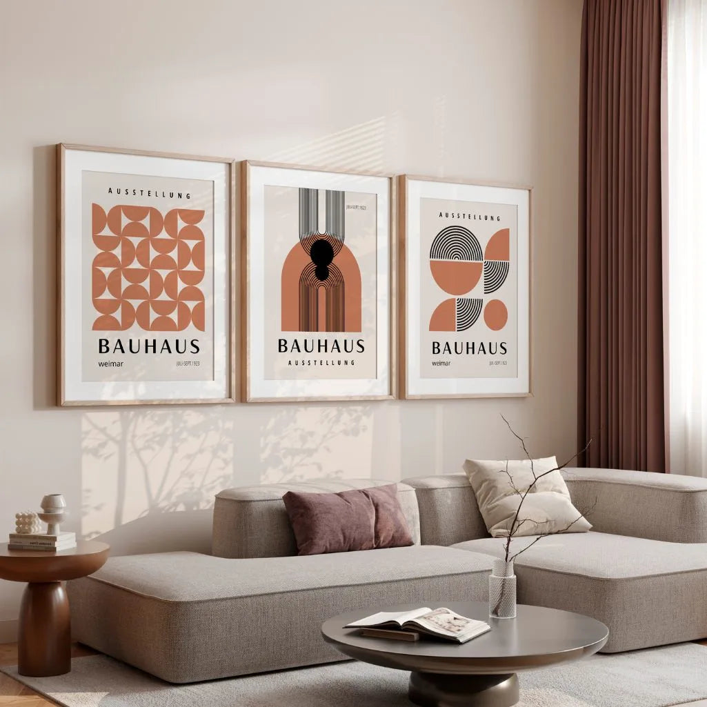 brown and black bauhaus poster set arranged as modern gallery wall
