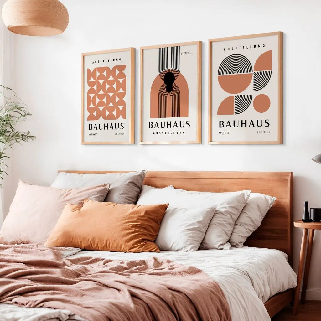 brown and black geometric bauhaus poster set with concentric lines in office