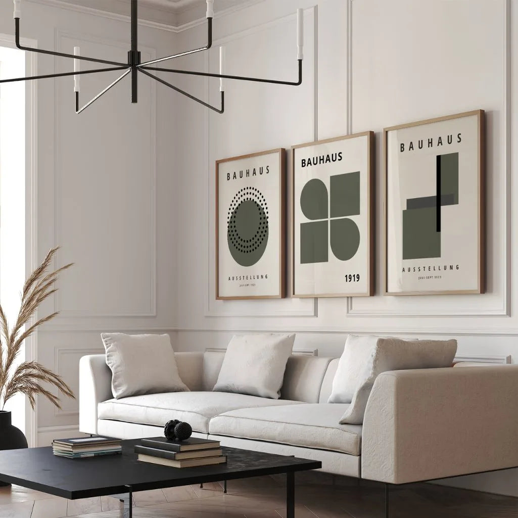 bauhaus pattern wall art set green beige bedroom interior design