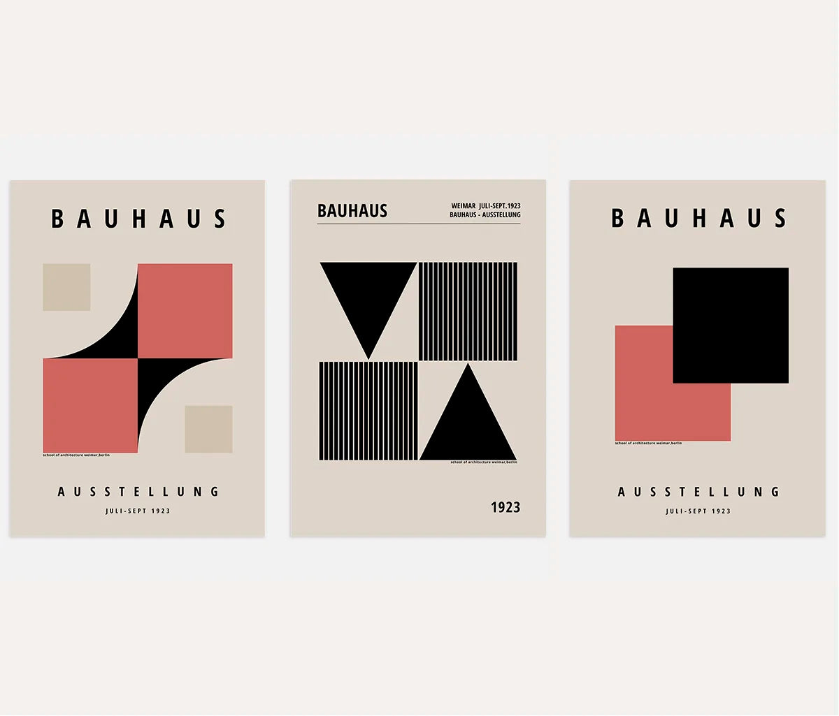 bauhaus poster set of 3 with red and black geometric shapes and negative space