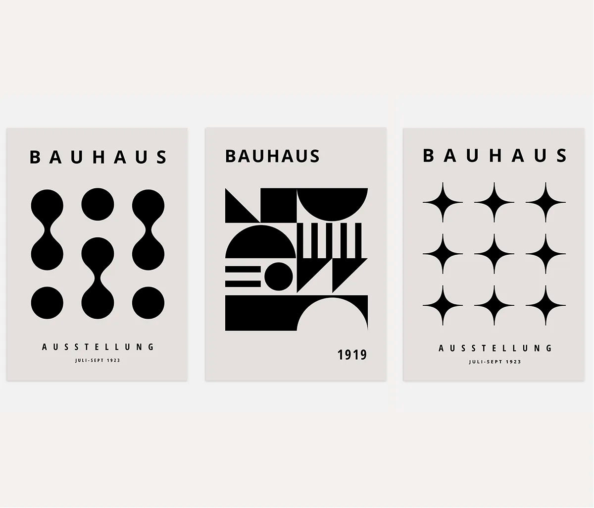 bauhaus silence poster set of 3 black beige minimal geometric wall art