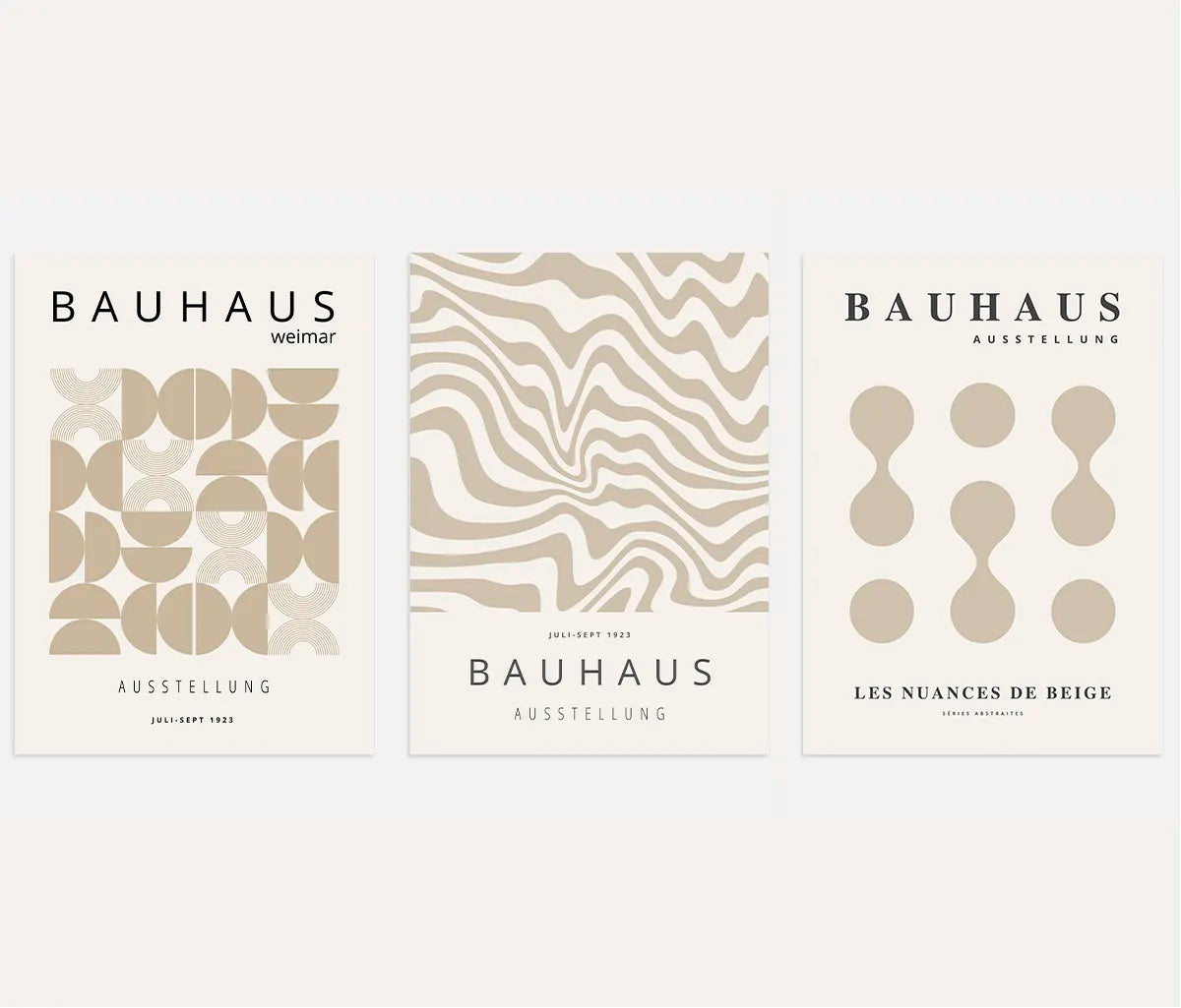 bauhaus poster set of 3 with beige abstract modules rounded shapes and flowing lines