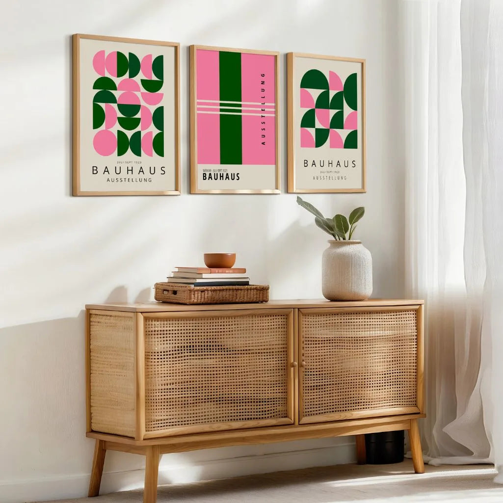 pink and deep green bauhaus poster set arranged in modern home gallery wall