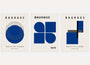 bauhaus poster set of 3 with navy circles half circles and simple geometric modules