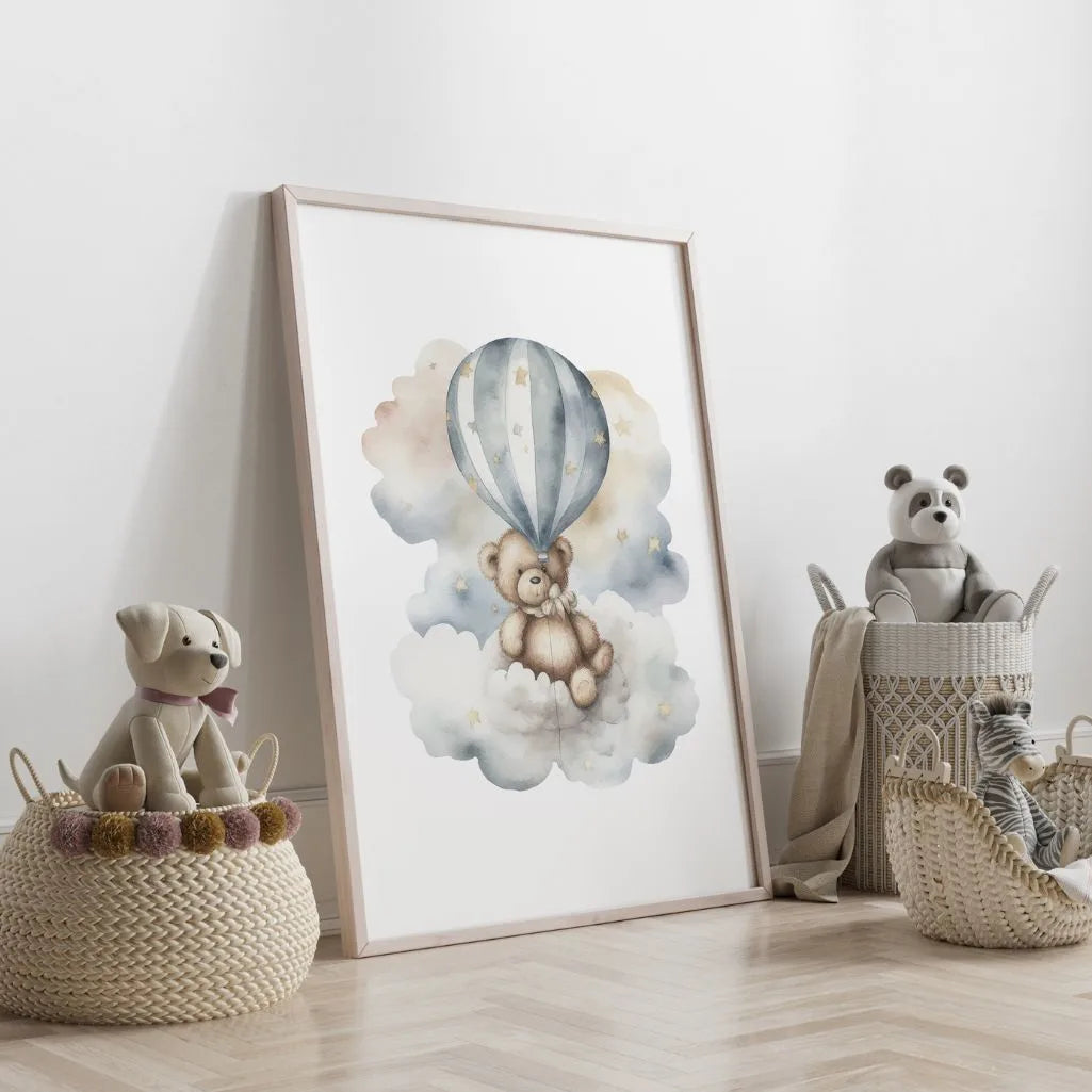 bear on cloud balloon poster kids bedroom wall art