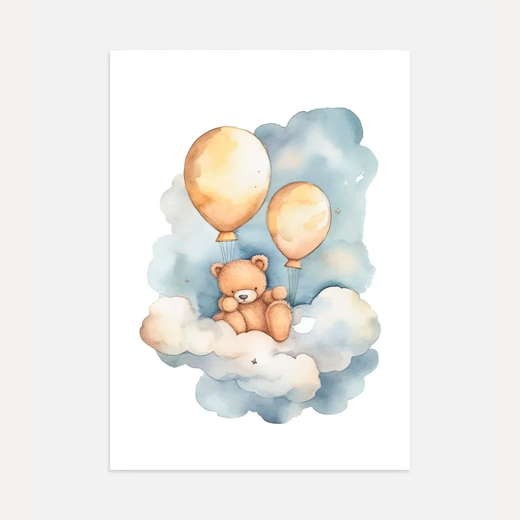 bear on a cloud with golden balloons poster kids wall art