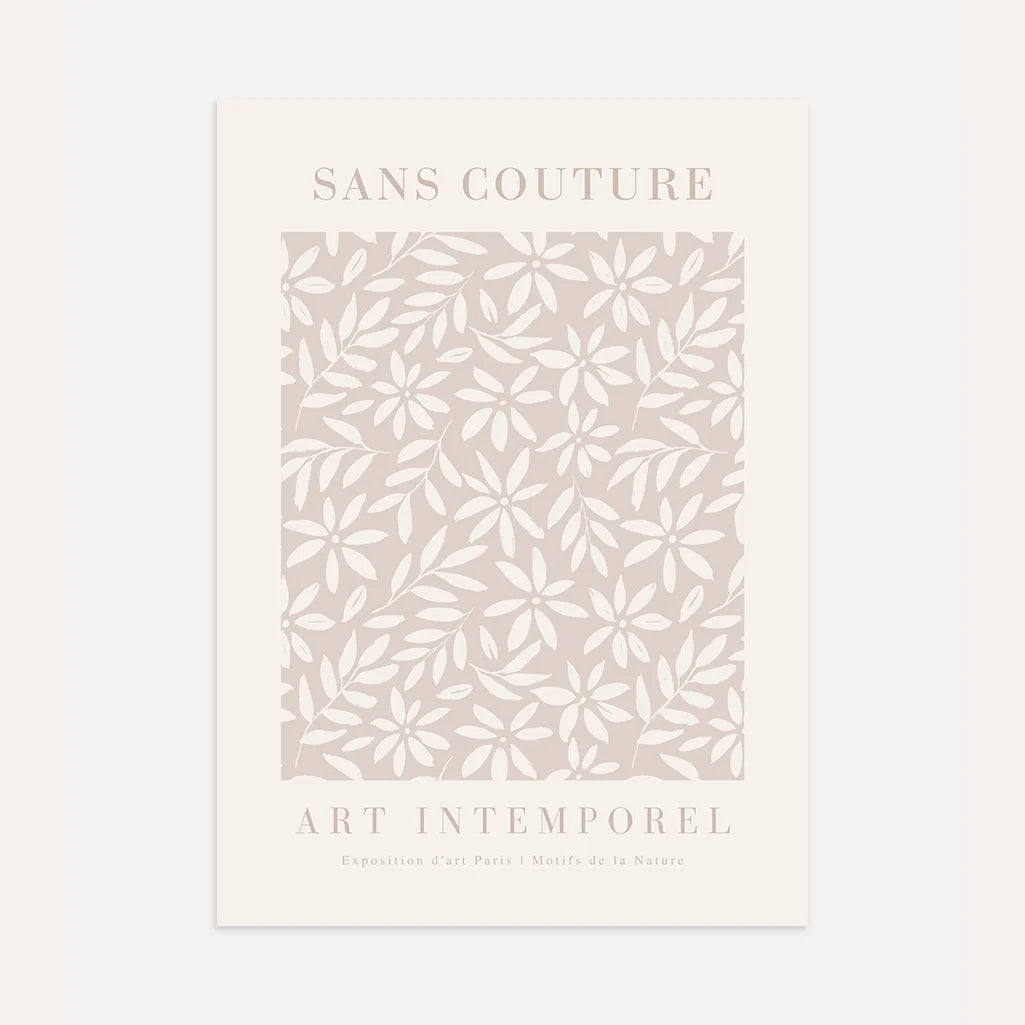 Beige botanical leaves poster with delicate floral pattern in minimalist French style