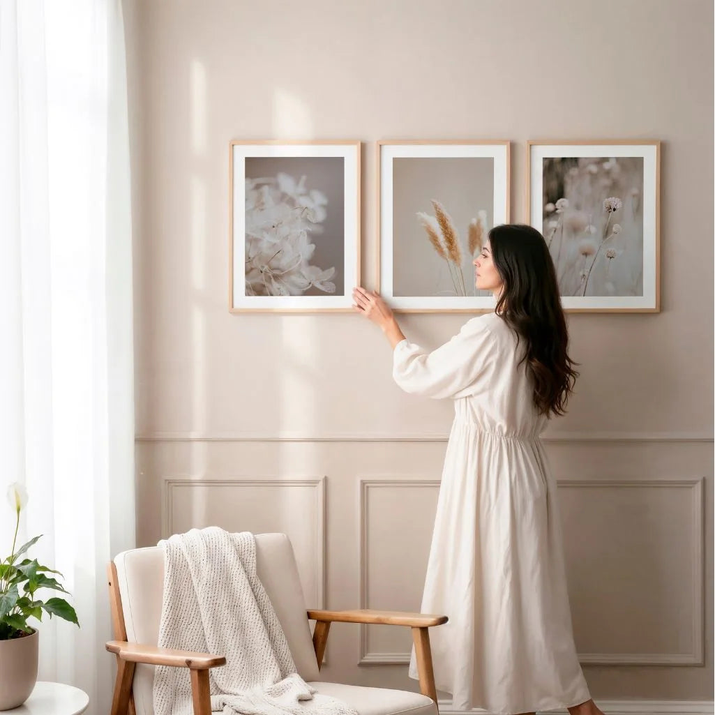Beige floral photography poster set in modern living room wall decor